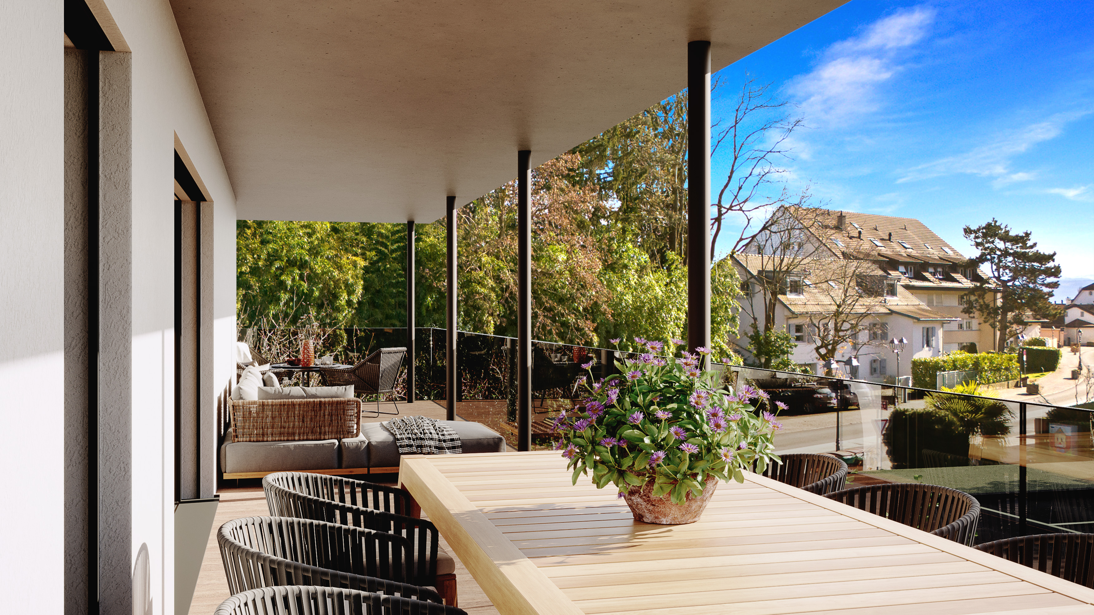 Terrasse contemporaine ouverte sur le paysage, projet Centre 30
